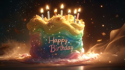 A celestial-themed birthday cake, its glowing tiny stars, and "Happy Birthday" is written in an elegant cosmic font against a dreamy, galaxy-lit background.