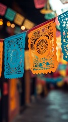 A close-up of papel picado banners, their delicate cut-out designs in vivid colors strung across a festive space, sways gently in the breeze. 