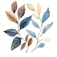 Beautiful watercolor leaves in various colors and styles create serene and artistic composition. blend of earthy tones and cool blues adds calming touch to any space