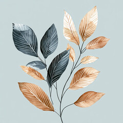 Elegant botanical illustration featuring leaves in gold and teal tones, showcasing intricate details and modern aesthetic. Perfect for home decor or design projects