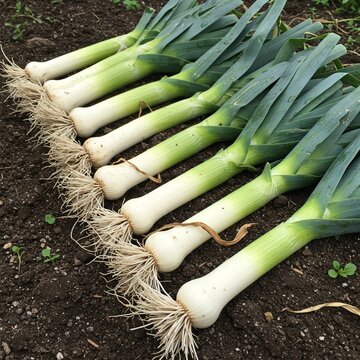 家庭菜園の恵み】土から掘り出した新鮮な長ネギ：根付き、泥付き、採れたての証
用途：食材販売、料理写真、家庭菜園の様子