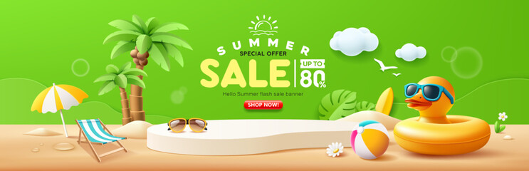 Summer sale podium, Duck yellow shaped inflatable ring, coconut tree, banner design, on sand beach and green background, EPS 10 vector illustration