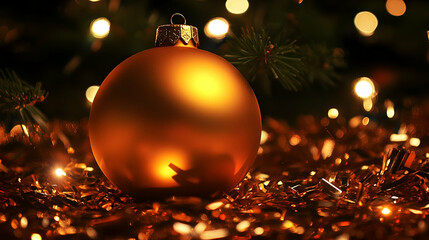 Photo Golden Christmas Ornament, Festive Lights, and Tinsel Decor