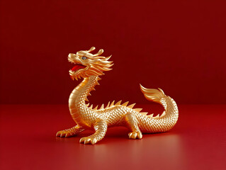 Fototapeta premium 3D Golden Dragon Illustration, Mythical Creature on Red Background