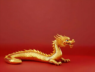 Obraz premium 3D Golden Dragon Illustration Red Background Mythical Creature