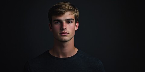 Fototapeta premium Portrait of a Young Man with Natural Lighting Against a Dark Background