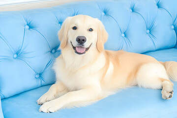 Obraz premium Photo Golden Retriever Dog Relaxing on Blue Sofa Pet Canine Comfort
