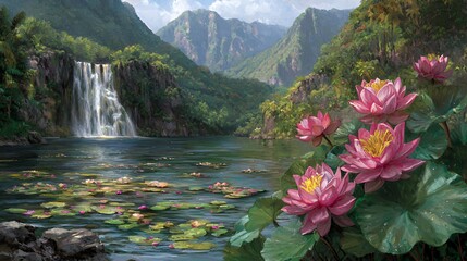 Serene Tropical Waterfall with Pink Lotus Flowers