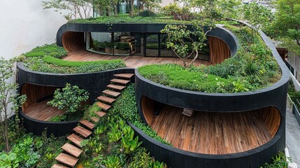 Modern curved building with green roof, wooden decks, and stairs.