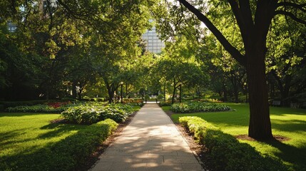Obraz premium Sunlit park path, green trees, flowers, grass.