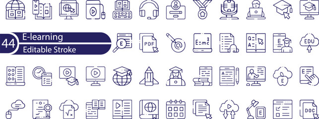 Line icons about online education. Contains such icons as e-learning, virtual campus, unlimited access and more.