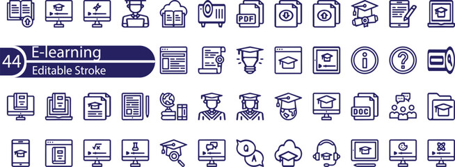 Line icons about online education. Contains such icons as e-learning, virtual campus, unlimited access and more.