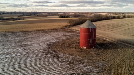 Obraz premium Red silo in a snow-dusted farm field.