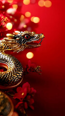 Illustration Golden Dragon Red Background Flowers Festive