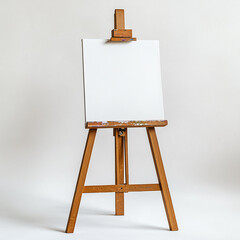 Wooden easel with blank canvas attached to top, isolated on white background.