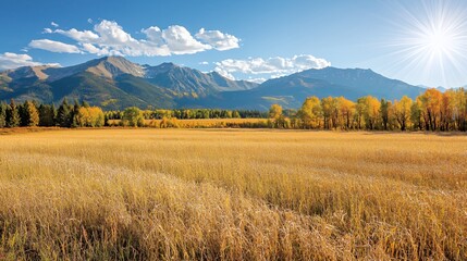 Golden Autumn Field with Mountain Range under a Sunny Sky