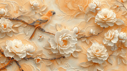 vibrant bird perched on floral branch, surrounded by intricate cream colored flowers and soft orange hues, creating serene and artistic atmosphere
