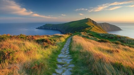 Coastal path to lighthouse at sunset