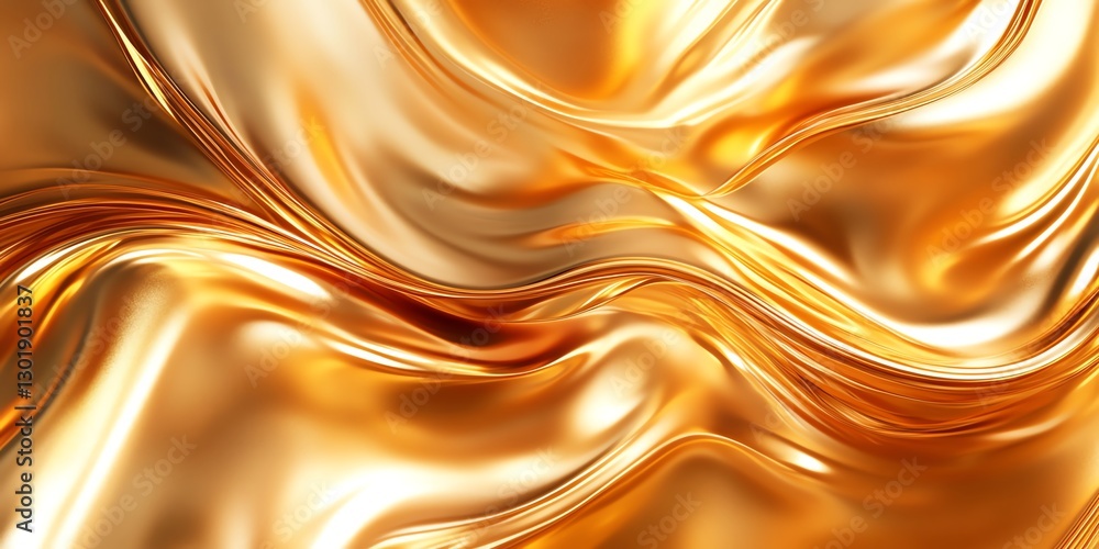 Poster golden fabric flowing in beautiful waves under soft light in an artistic display