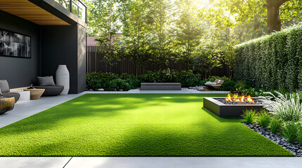 Modern Backyard Oasis with Artificial Turf, Fire Pit, and Luxury Patio Furniture