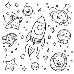Whimsical space scene featuring a playful rocket, smiling planets, and cheerful stars