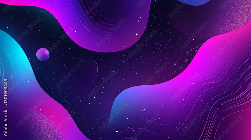 Poster colorful abstract cosmic background with flowing shapes and starry elements in digital art style