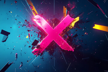 Pink Neon X Mark Exploding in a Blue Abstract Background