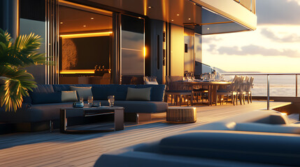 Luxurious Yacht Deck Sunset Scene Tranquil Evening on a Superyacht