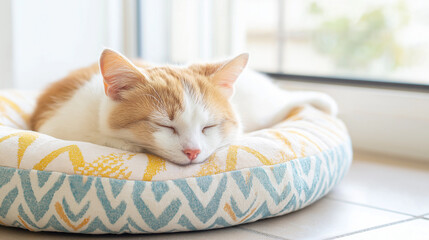 Ginger Cat Sleeping Peacefully in Pet Bed on Tiles