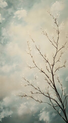 Obraz premium Illustration - Serene Tree Branches with White Blossoms and a Soft Cloudy Sky