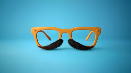 3D Illustration - Orange Eyeglasses with Mustache on Blue Background