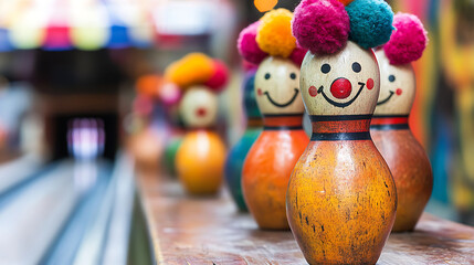 Naklejka premium Colorful Clown Bowling Pins in an Arcade Setting