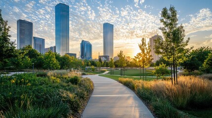 Fototapeta premium Urban park path at sunset with cityscape.