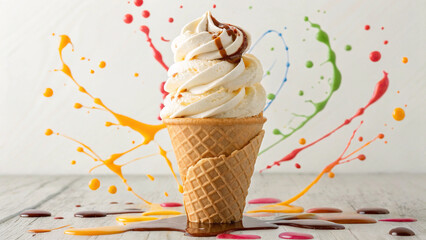 Delicious ice cream, symmetrically in the center of the image, standing on the surface, with multicolor splashes around it