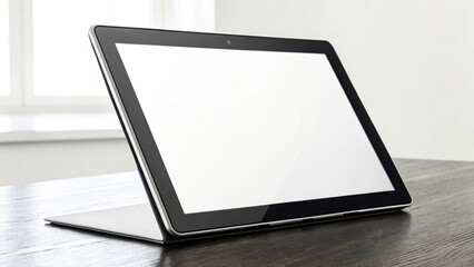 Tablet computer with blank white screen, placed vertically on the table, isolated on white background
