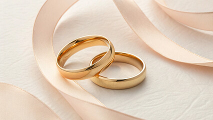 Two golden wedding rings of pastel background with copy empty free space for greeting card, invitation