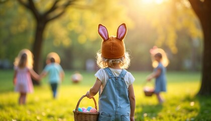 Child in bunny hat and denim overalls holding basket of Easter eggs in grassy field, other children in background, sunny outdoor Easter egg hunt scene