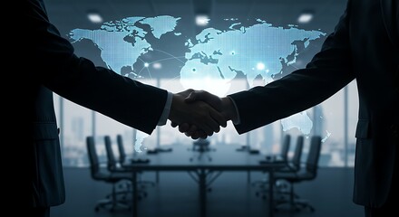 Business People Shaking Hands in Modern Office with World Map