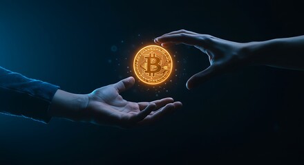 Hand Passing Bitcoin Cryptocurrency Coin Digital Currency Concept on Dark Background