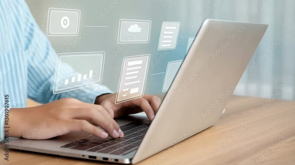 Poster AI-Powered Document Management: Businessmen Streamlining Workflow with Smart Data Systems, Digital File Storage, Online Databases, and Record Keeping 