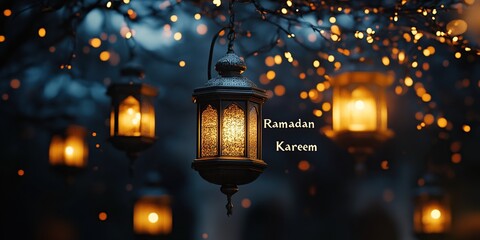 Ornate Metal Lanterns with Warm Glowing Lights Hanging from Branches at Night