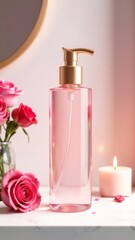 Cosmetic bottle with pink liquid and pump standing on bathroom table, next to candle and vase with roses flowers. Cosmetic products advertisement, mockup