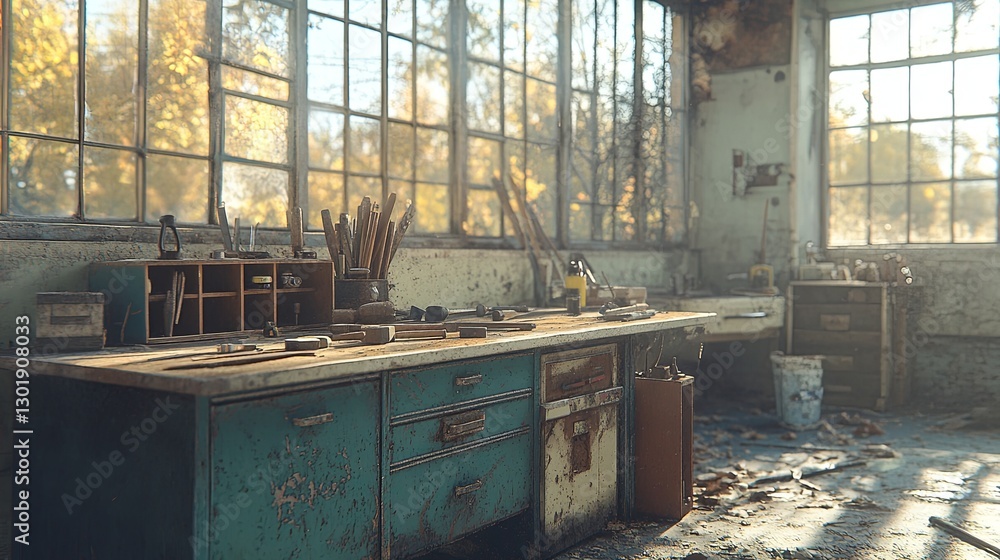 Poster Old workshop filled with tools and rustic charm illuminated by natural light in an abandoned building