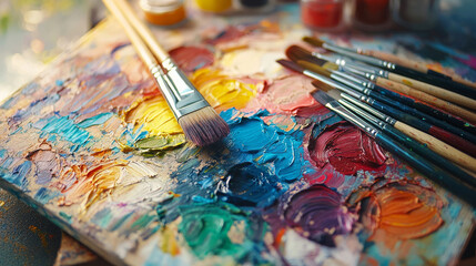 Obraz premium Vibrant watercolor paint palette with brushes, showcasing colorful array of paints. Perfect for artists and creative projects
