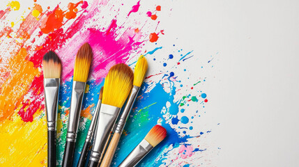 Fototapeta premium Vibrant paint splashes with brushes create colorful artistic scene