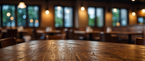 Obraz premium Empty rustic wood table and blurred soft light table in restaurant with bokeh background