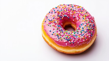 A colorful pink-frosted donut topped with sprinkles, set against a clean white background.