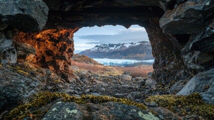 Cave opening reveals glacial valley.