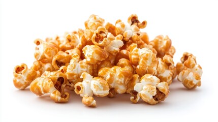 A pile of buttery popcorn kernels, golden brown and fluffy, sits against a clean white background, perfect for snacking or movie nights.