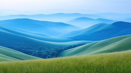 Fototapeta premium Misty mountain range, tranquil landscape, morning light, rolling hills